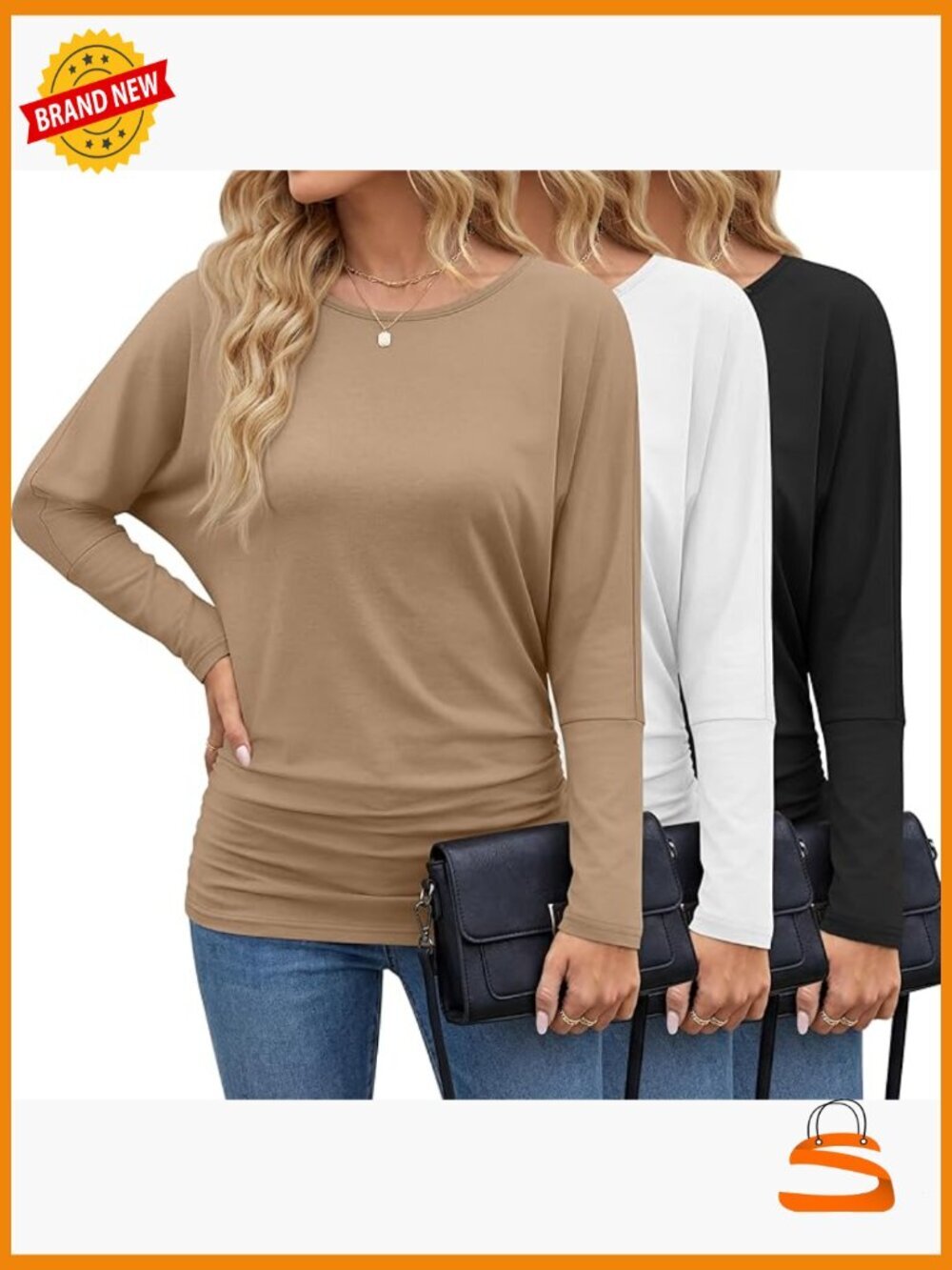 3 Pack Dolman Sleeve Tops Long Sleeve Flowy Side Ruched Shirts